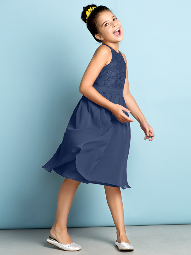 Daisda A-Line Jewel Neck Knee Length  Flower Girl Dress With Lace 