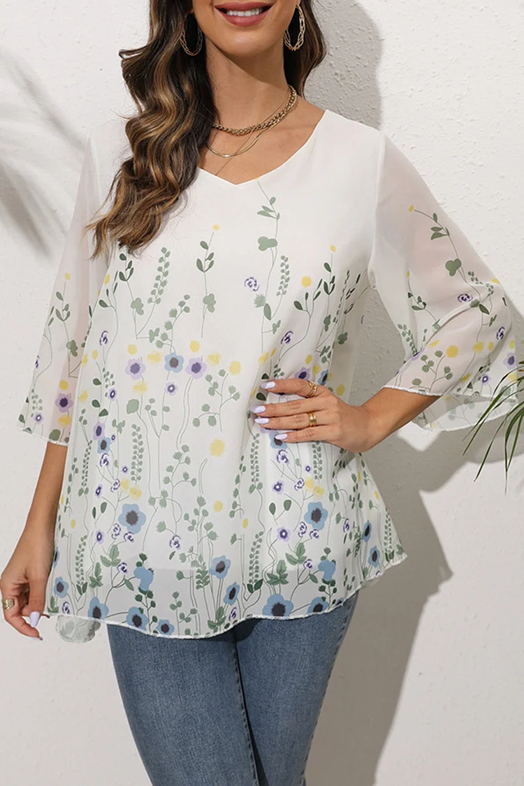 Flycurvy Plus Size Casual White Chiffon Double Layered Floral Print See-Through V Neck Blouse  Flycurvy [product_label]