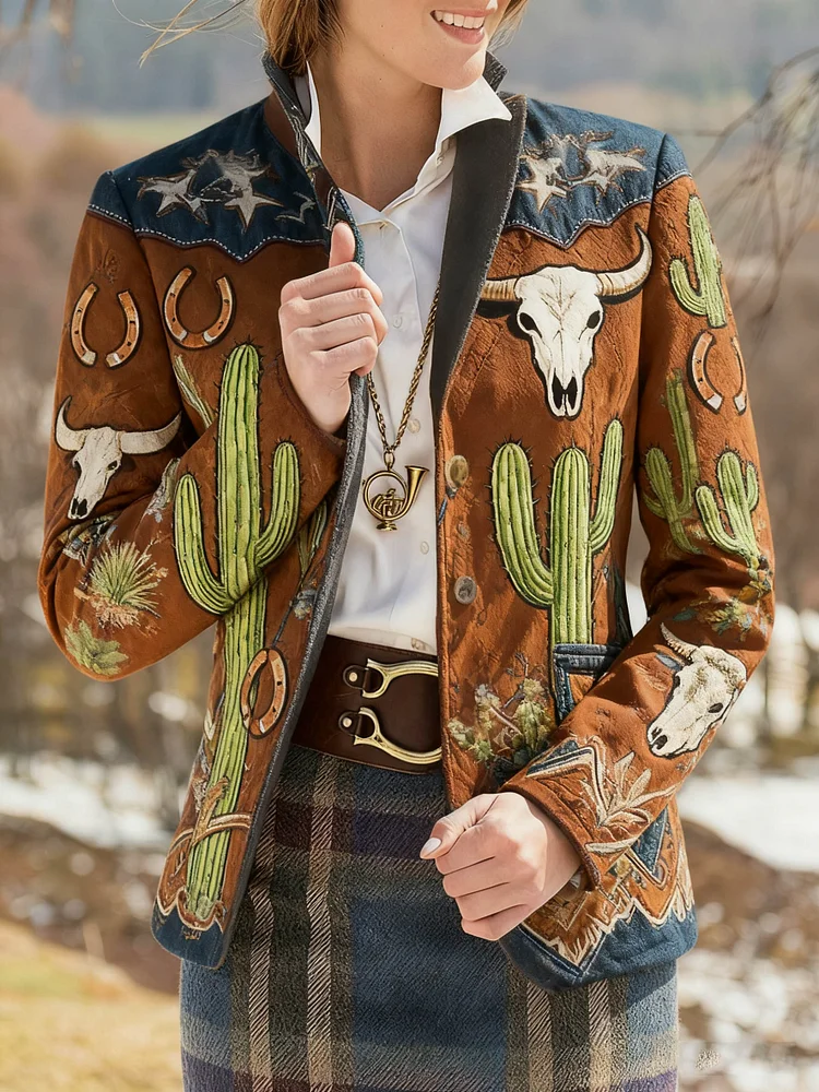 Women's Cactus and Ox Skull Print Slim Fit Suit Jacket