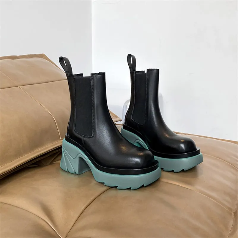 Meotina INS Genuine Leather Ankle Boots Shoes Women Platform Super High Thick Heel Boot Slip On Round Toe Lady Short Boots 42