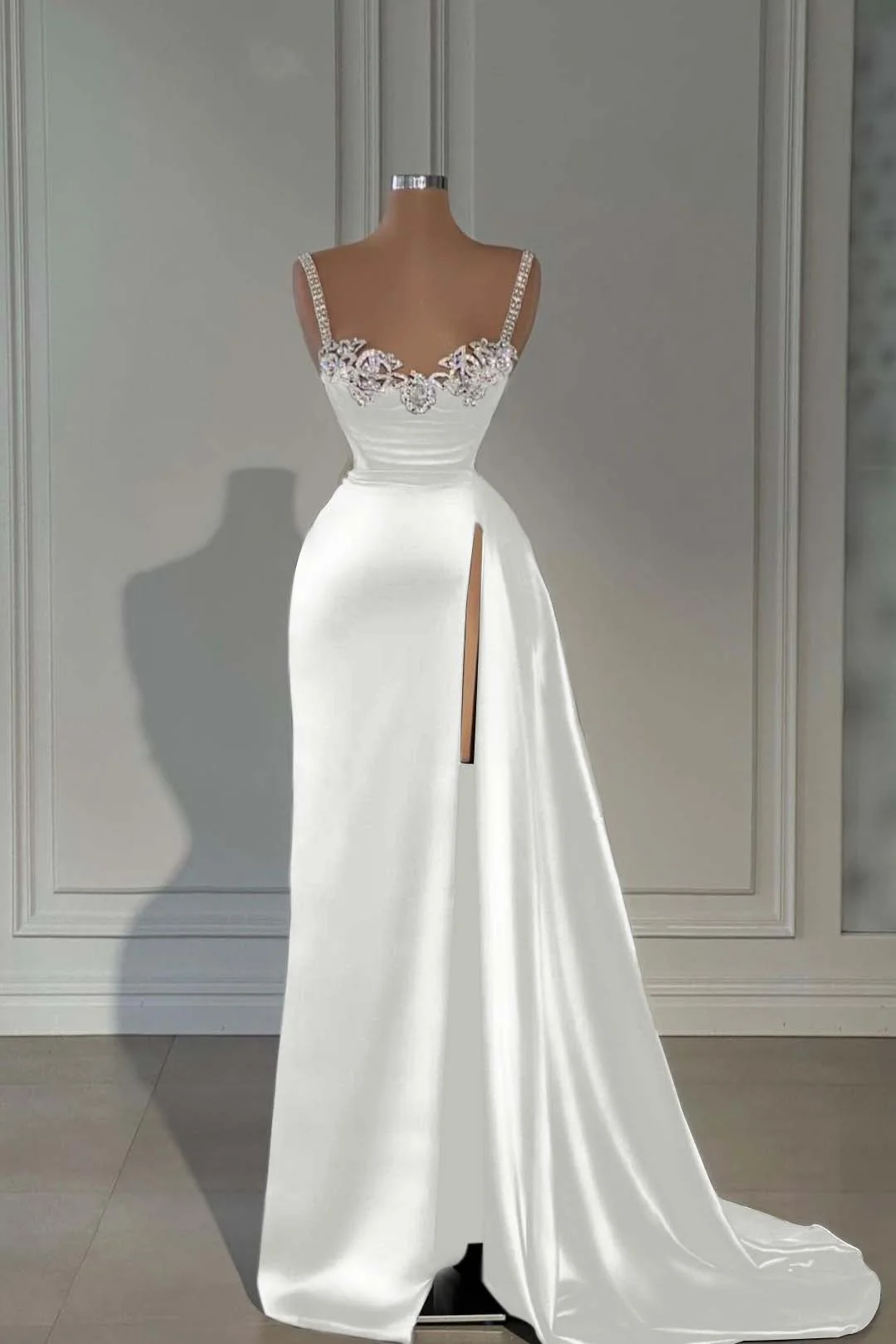 Sexy spaghetti straps sleeveless a-line satin evening dresses split front