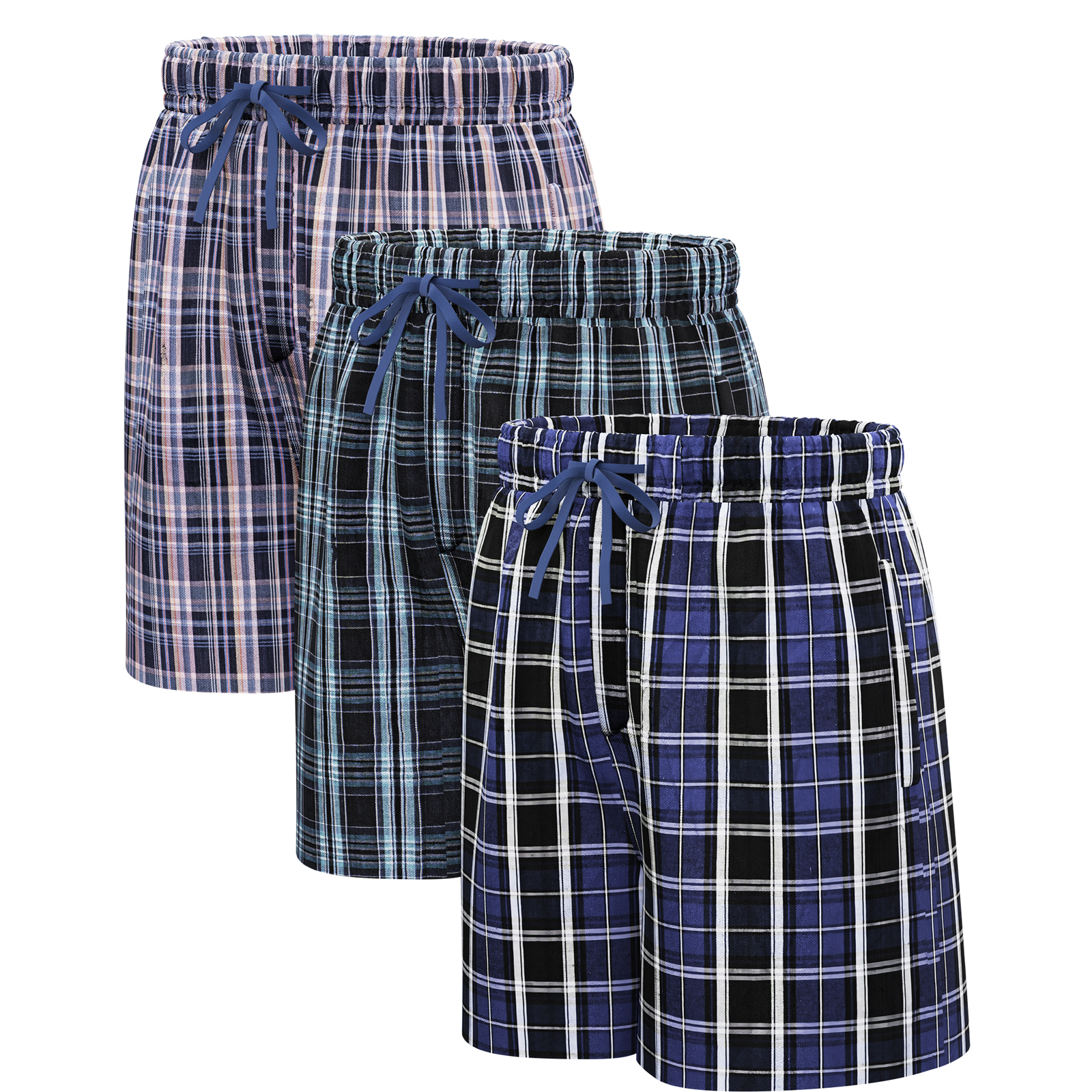 Men's Plaid Pajama Shorts Relaxed Fit Lounge Pants with Drawstring and Button Open Fly 3 Pack，3 Pack - A