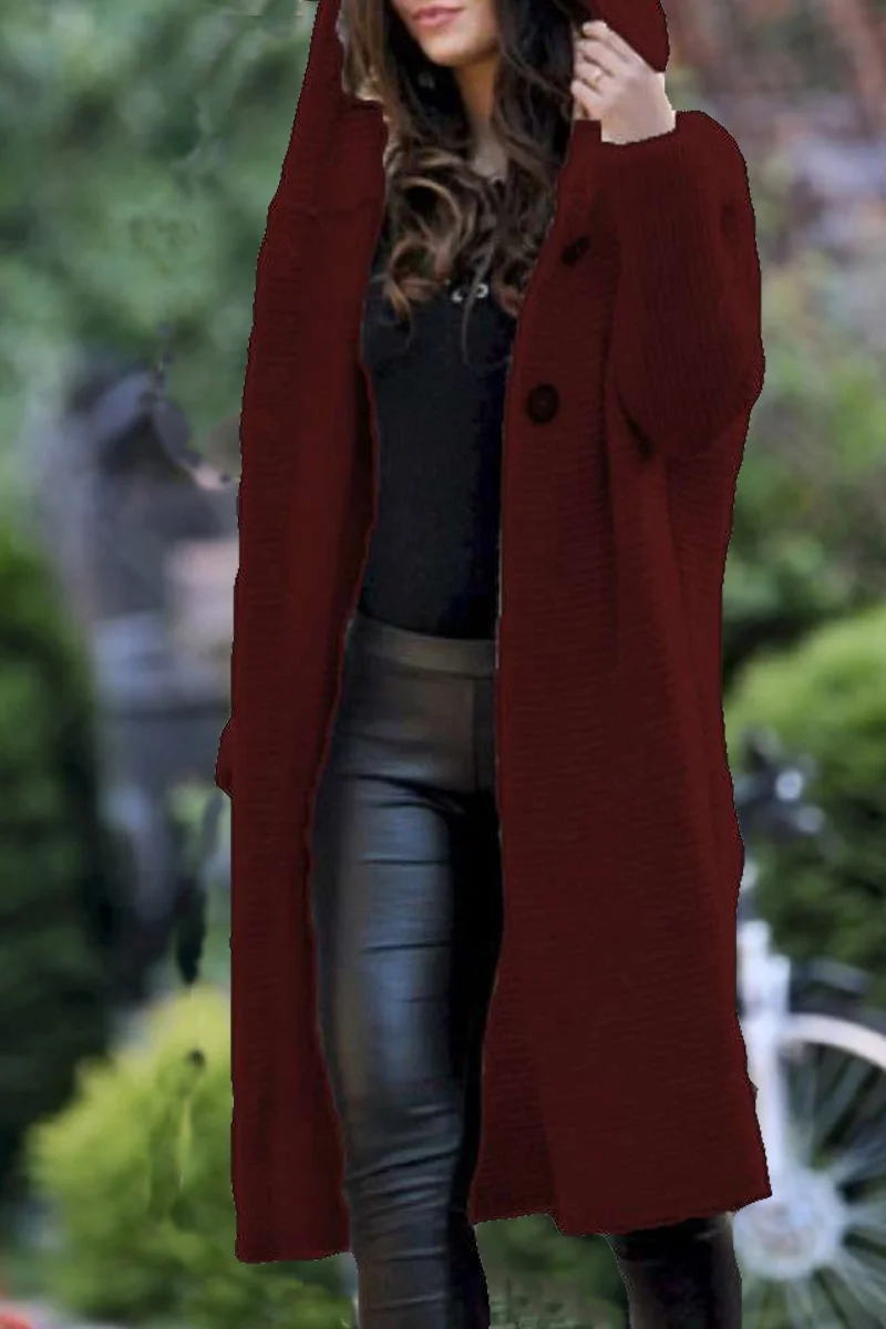 Wine Red Fashion Cardigan Hooded Long Jacket | EGEMISS