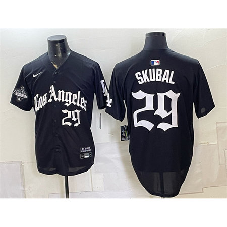 Men's Los Angeles Dodgers #29 Tarik Skubal Black LA Gothic Style 2025 World Series Champions Patch Limited Jersey