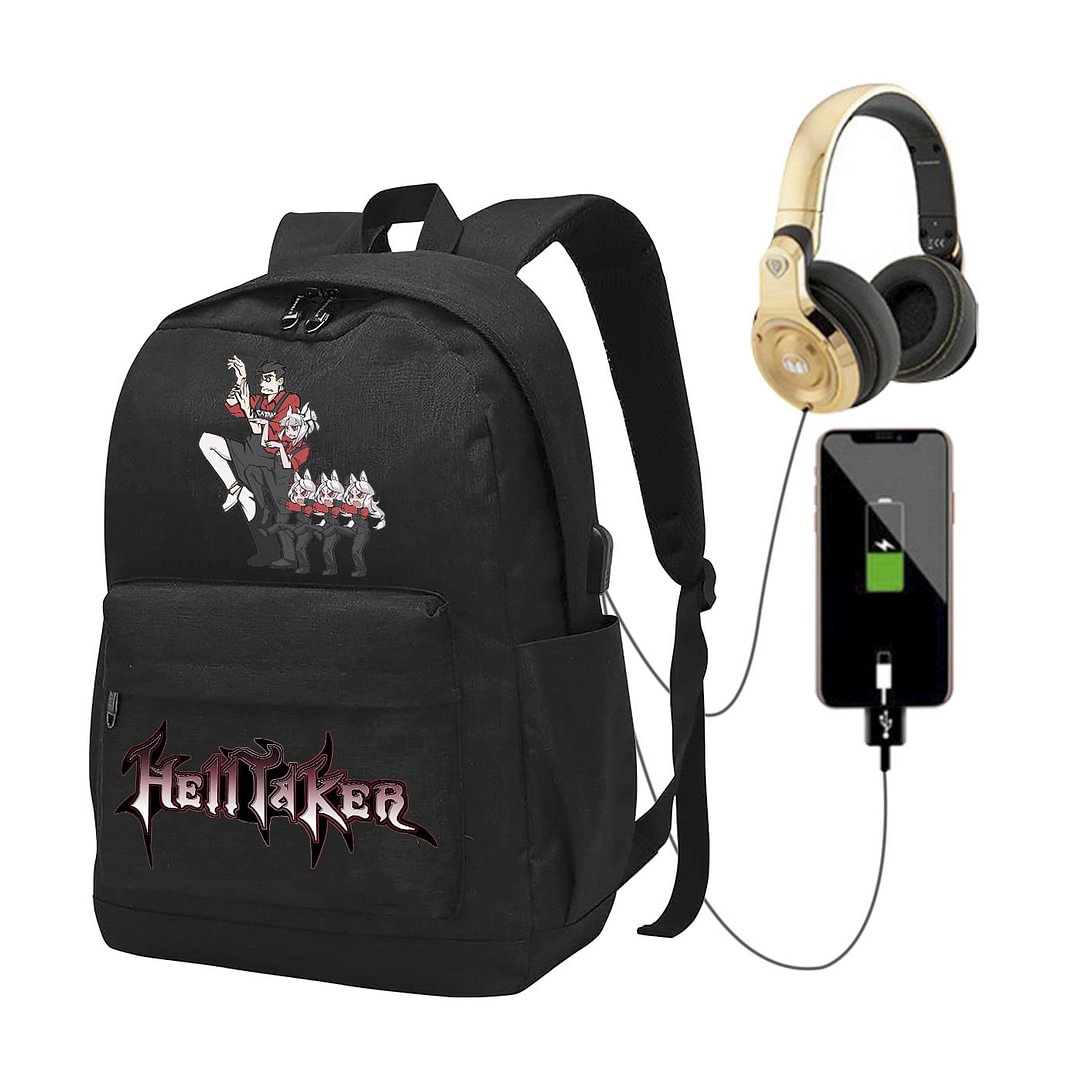 Helltaker Backpack USB Charging Port Headphone Interface Laptop Bag Outdoor Travel School Bag Kids Teens Use 17 Inch