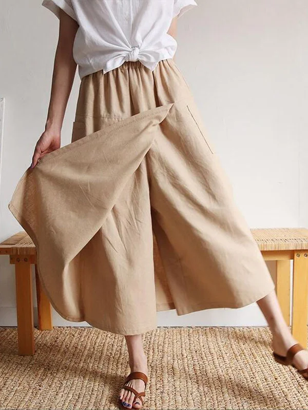 High Waisted Loose Elasticity Solid Color Split-Joint Pants Trousers