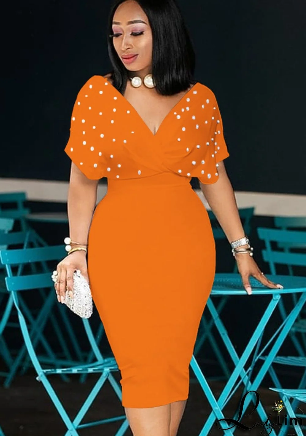 Autumn Orange Beaded V-Neck Midi Cocktail Dress