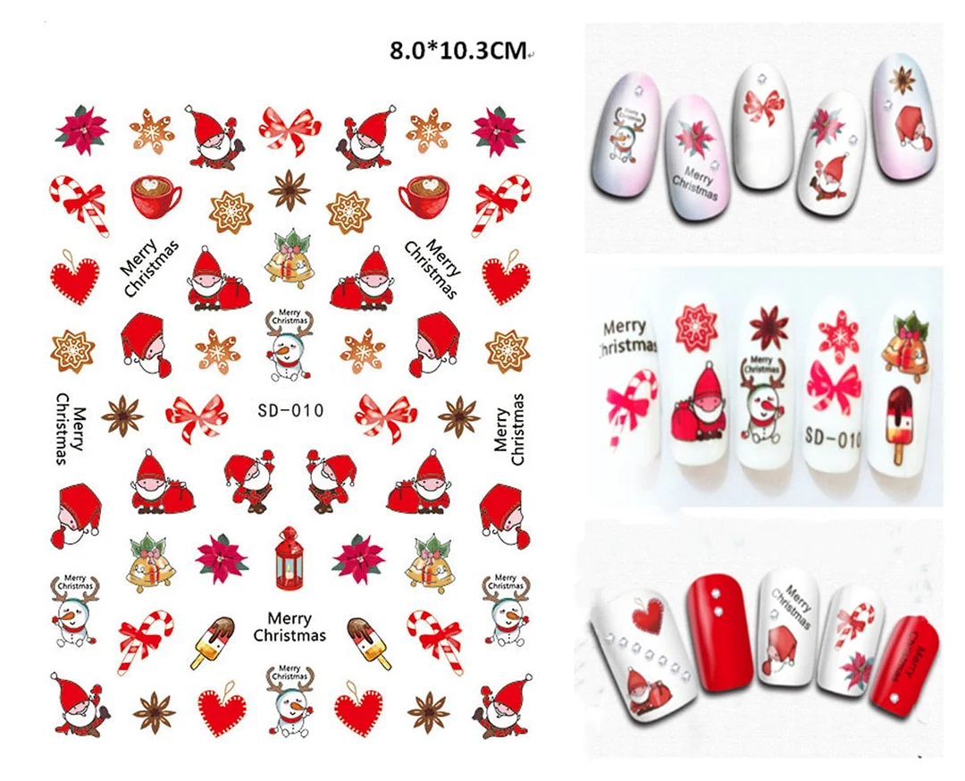 Merry Christmas 3D Nails Sticker Winter Cute Cartoon Sliders Snowflake Elk Xmas Tree Decal UV Gel Polisn Manicures Foils Decor-Nail Inspo