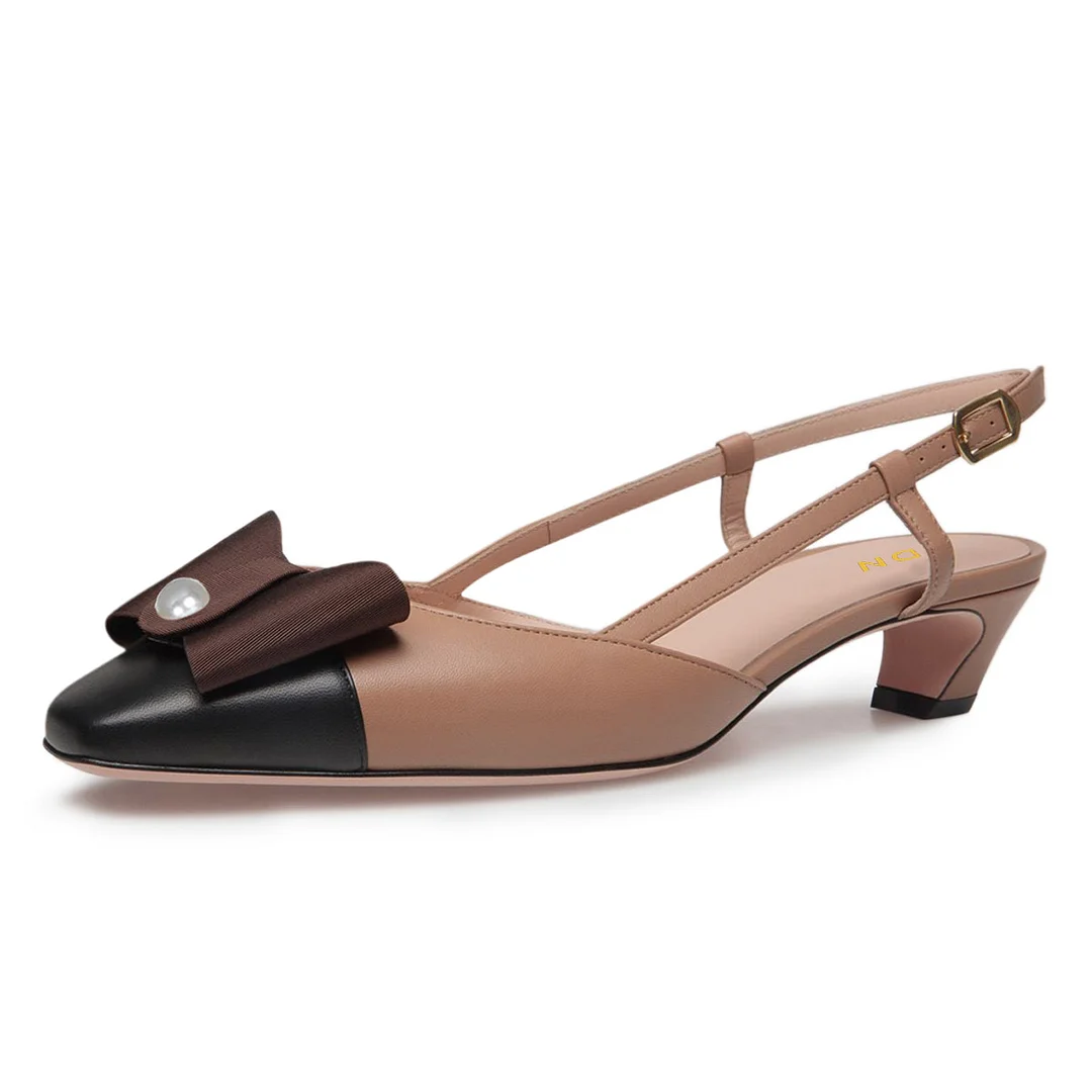 Fashion Brown Bow Chunky Heel Pearl Square Toe Slingback Pumps
