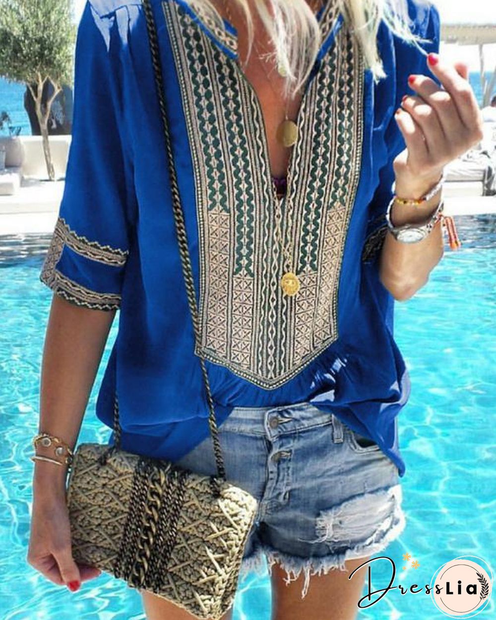 Women Casual Ethnic Style Striped V-Neck Plus Size T-shirts Tops