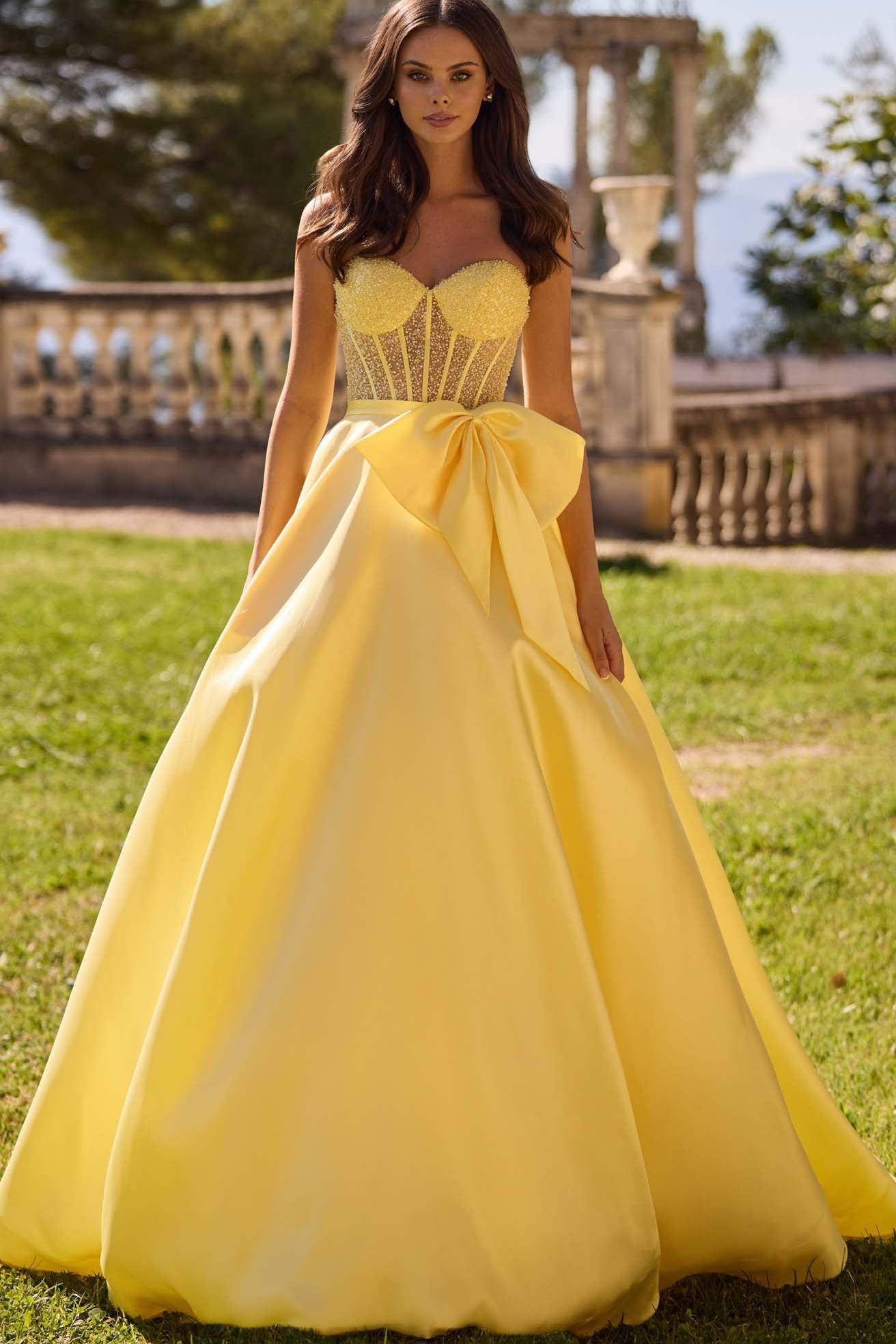  Radiant Sunshine Sequin Prom Dress with Dramatic Bow & Open Back - Ohprom