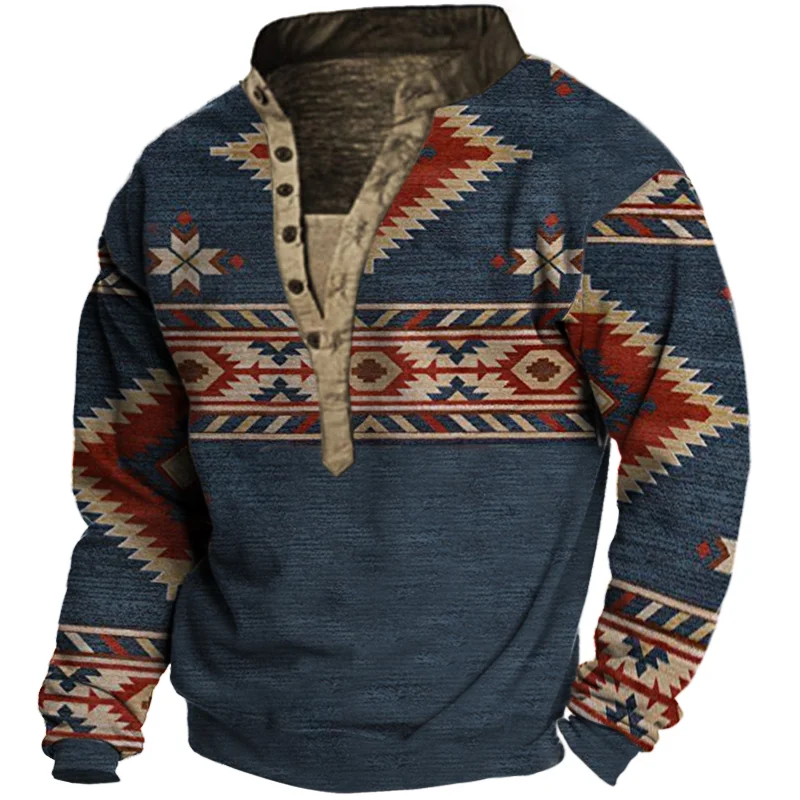 Men's Ethnic Print Henley Collar Sweatshirt
