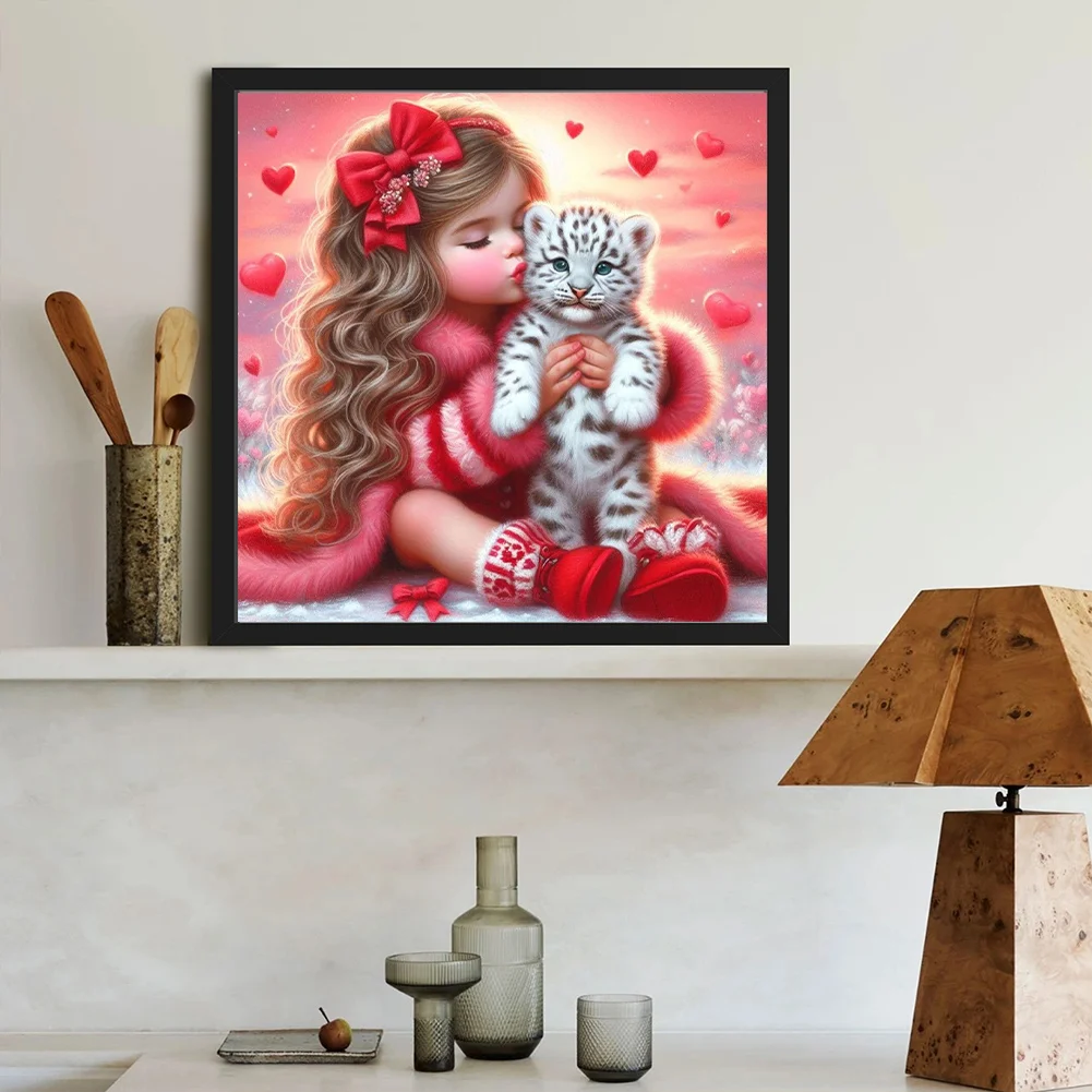 Diamond Painting - Full Round Drill - Loving Girl White Tiger(Canvas|40*40cm)