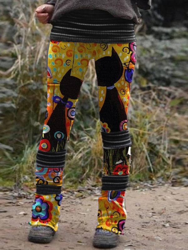 Retro floral cat print stitched thermal integrated Leggings