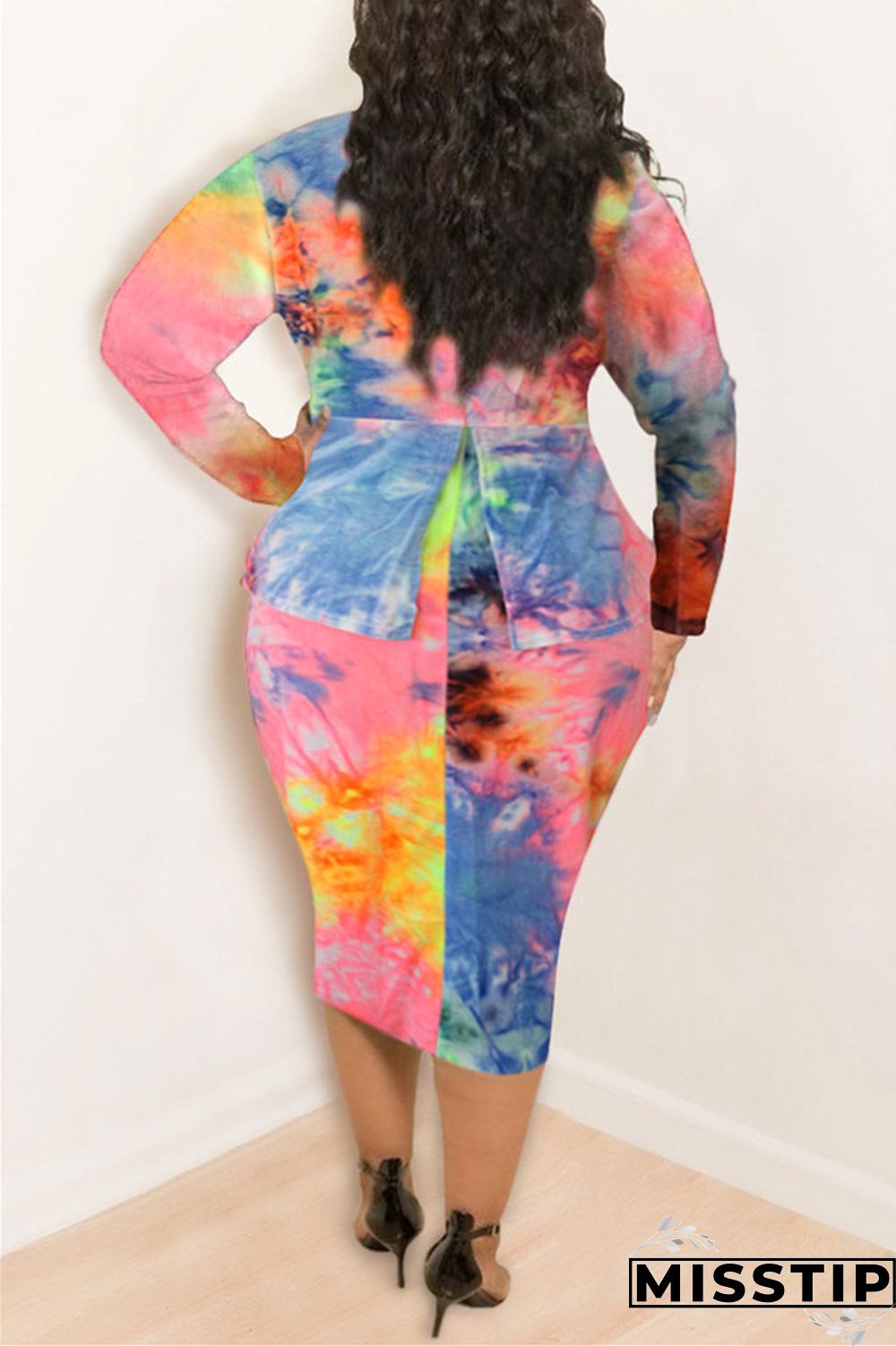 Orange Fashion Casual Plus Size Print Tie Dye Tie-dye Turtleneck Printed Dress