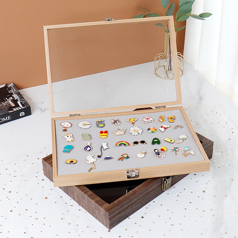 New Wood Grain Badge Storage Box Transparent Dustproof Cartoon Medal Jewelry Box Large Capacity Brooch Display Box