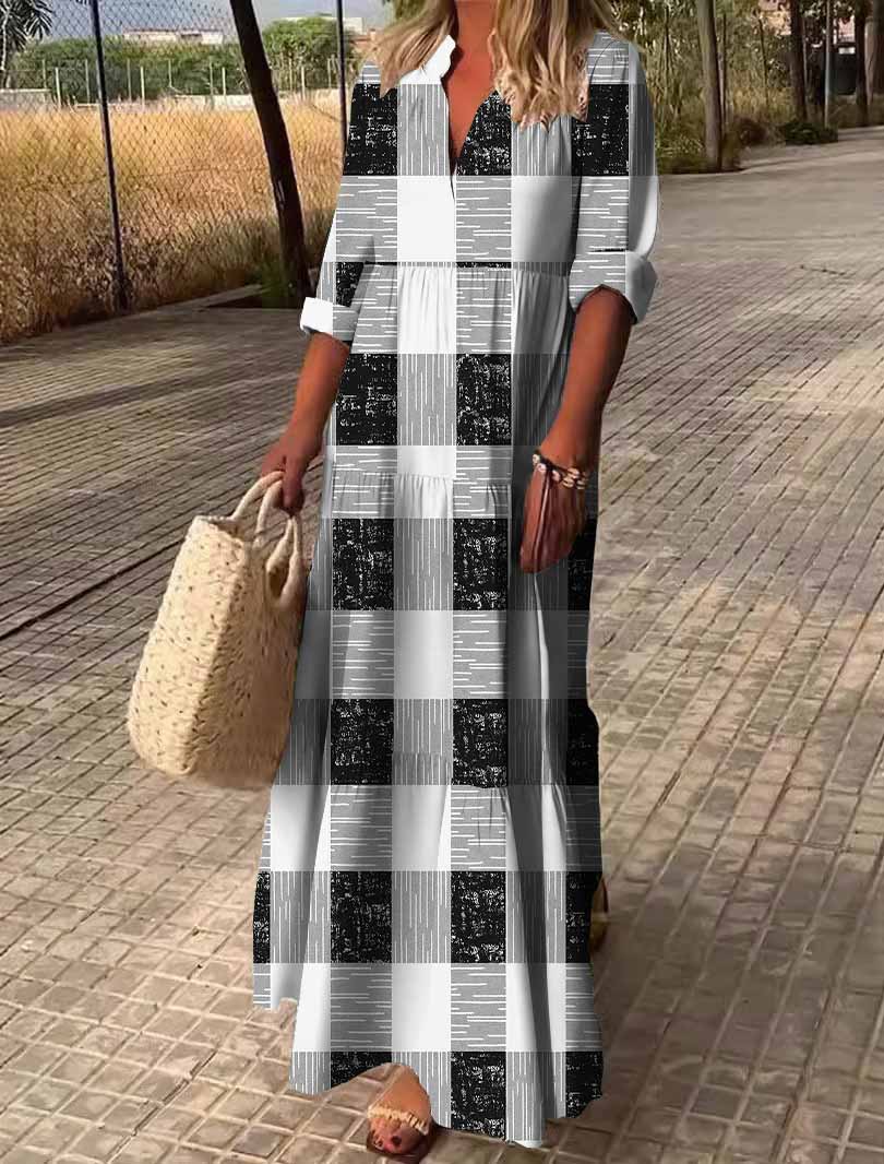 Women Plaid, Black, White DZDN0641 SPU Printed Long Sleeve V-neck Maxi Dress