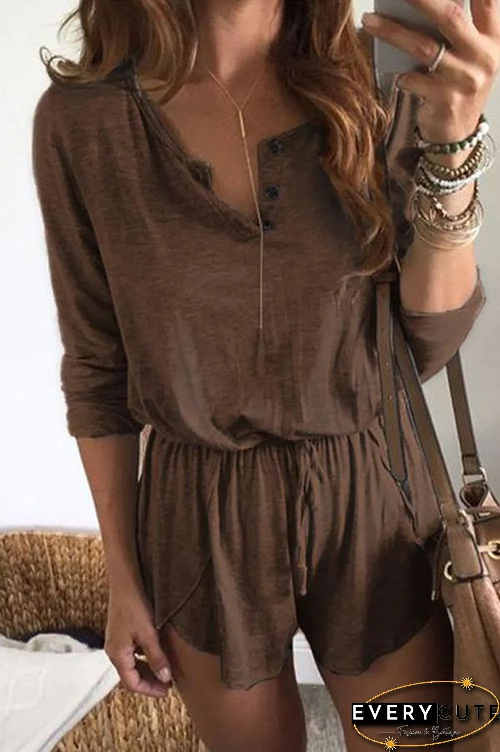 Solid Color Long Sleeve Tie Waist Romper P15010