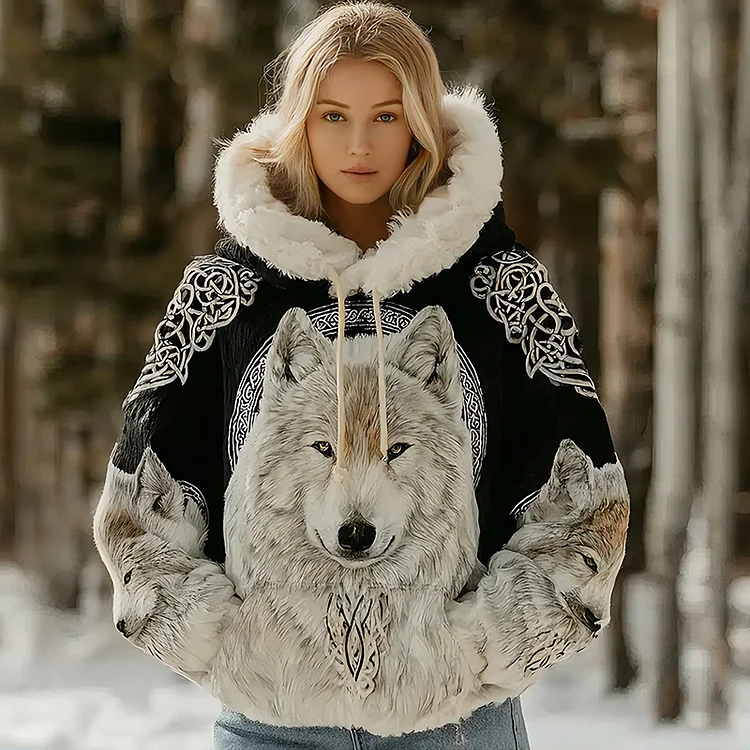Women's Viking Celtic Wolf Art Fur Trim Cozy Knit Hooded Sweater