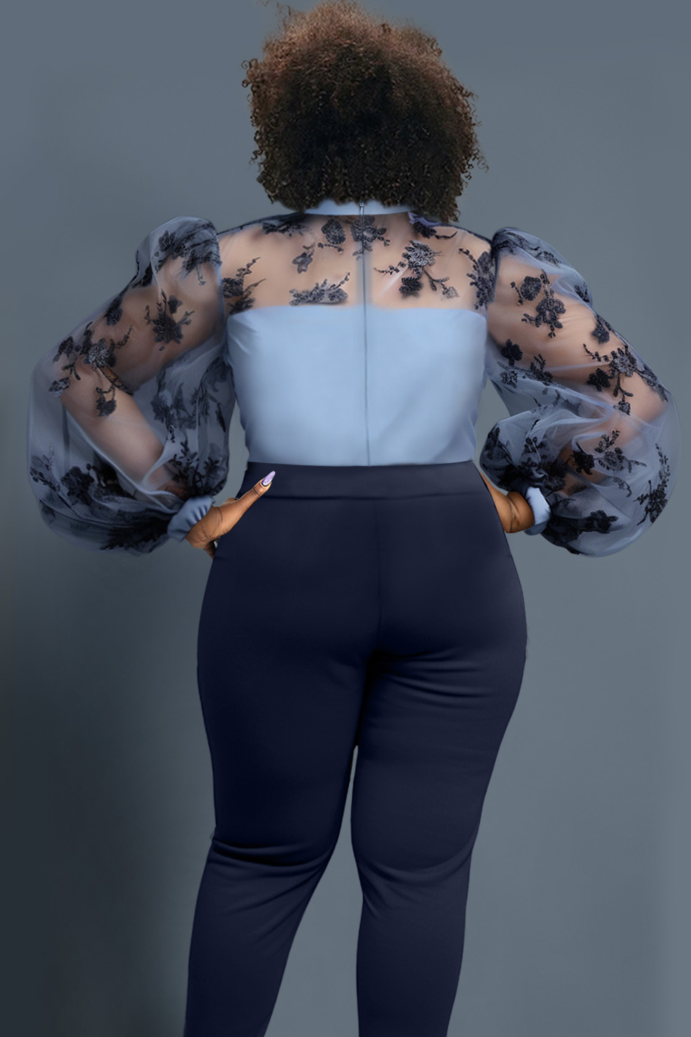 Design Plus Size Party Blue Spring Summer Mock Neck Lantern Sleeve See Through Mesh Blouses [Pre-Order]