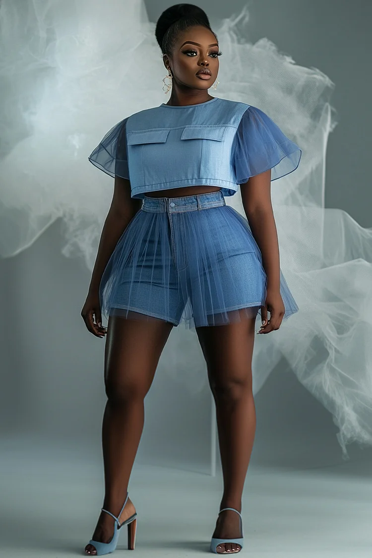 Xpluswear Design Plus Size Daily Blue Casual Round Neck Short Sleeve Contrast Tulle Tencel Denim Two Piece Short Sets [Pre-Order]