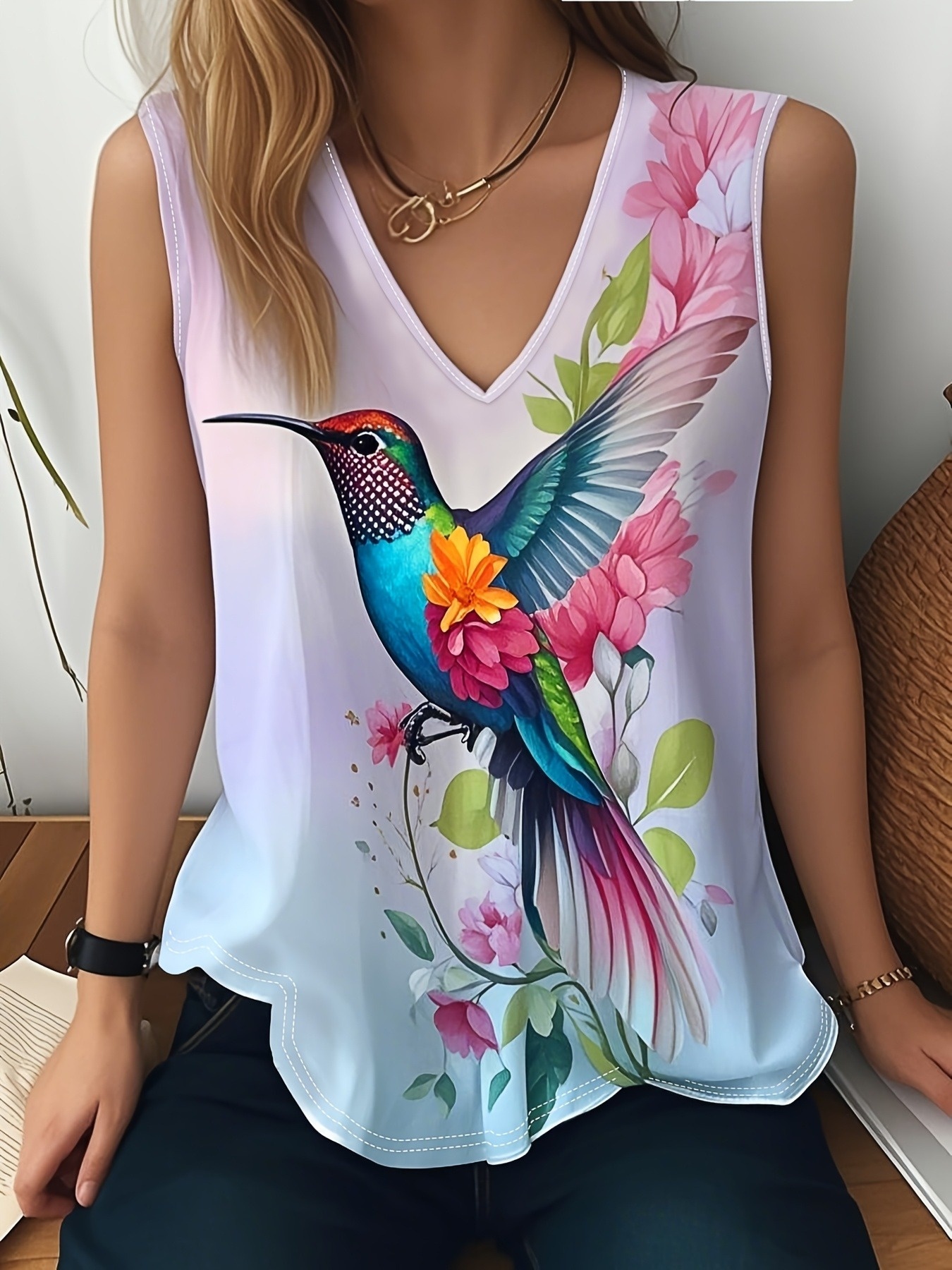 Elegant Summer Floral Print V-Neck Tank Top | Women's Sleeveless Casual Vacation Style Blouse With Hummingbird And Colorful Flowers Design, Vacation Clothing, Stylish Design, Ladies Tank To | IFYHOME