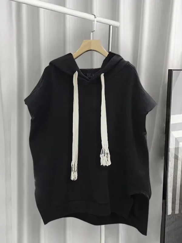 Men's Casual Solid Color Drawstring Slit Hem Hooded Tank Top