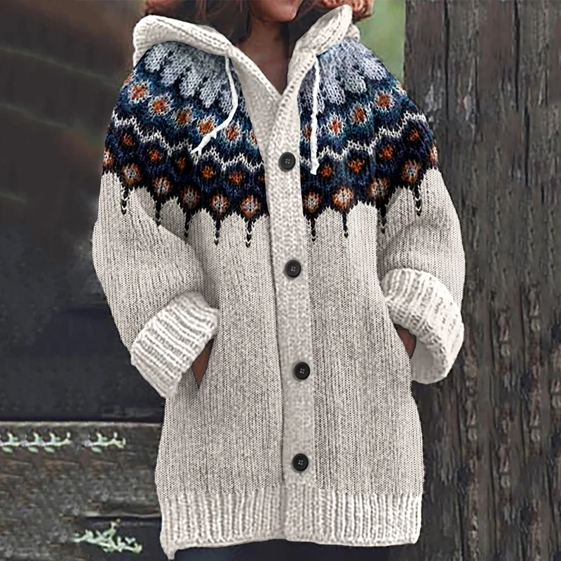 Retro Geometric Knitted Button Down Cozy Hoodie Sweater