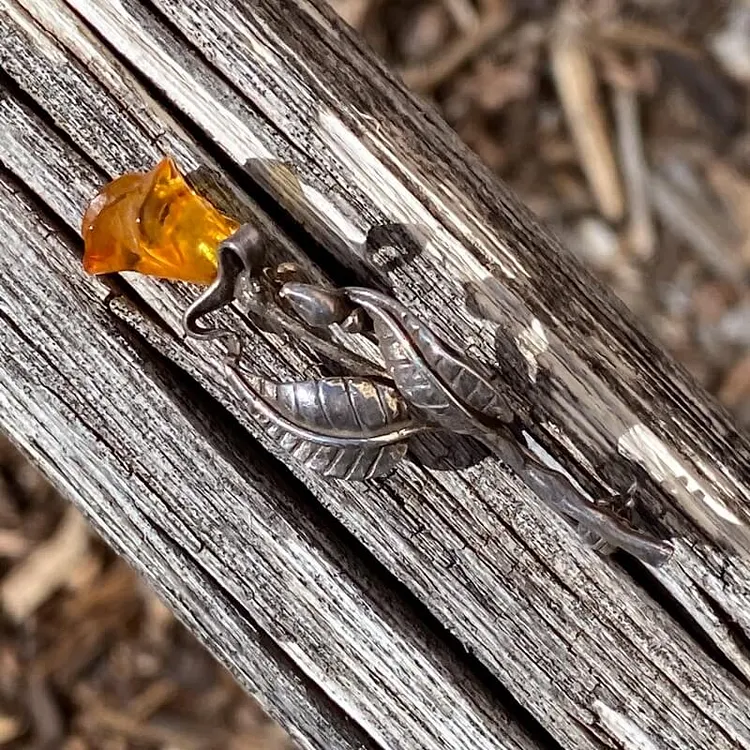Sterling Silver and Baltic Amber Long Stemmed Rose Pin