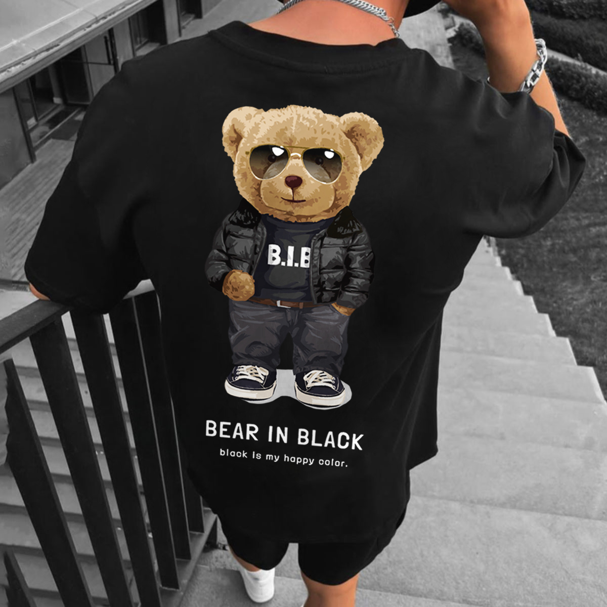 Teddy Bear Print Fashion Casual Oversized Men's T-Shirt Lixishop 
