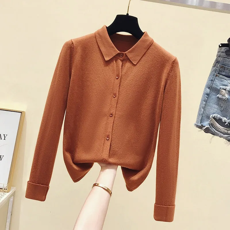 Spring Autumn Long Sleeve Single Breasted Women Sweater Polo Collar Knitted Cardigan Loose Lazy Lapel Bottoming Shirt Coat 11181