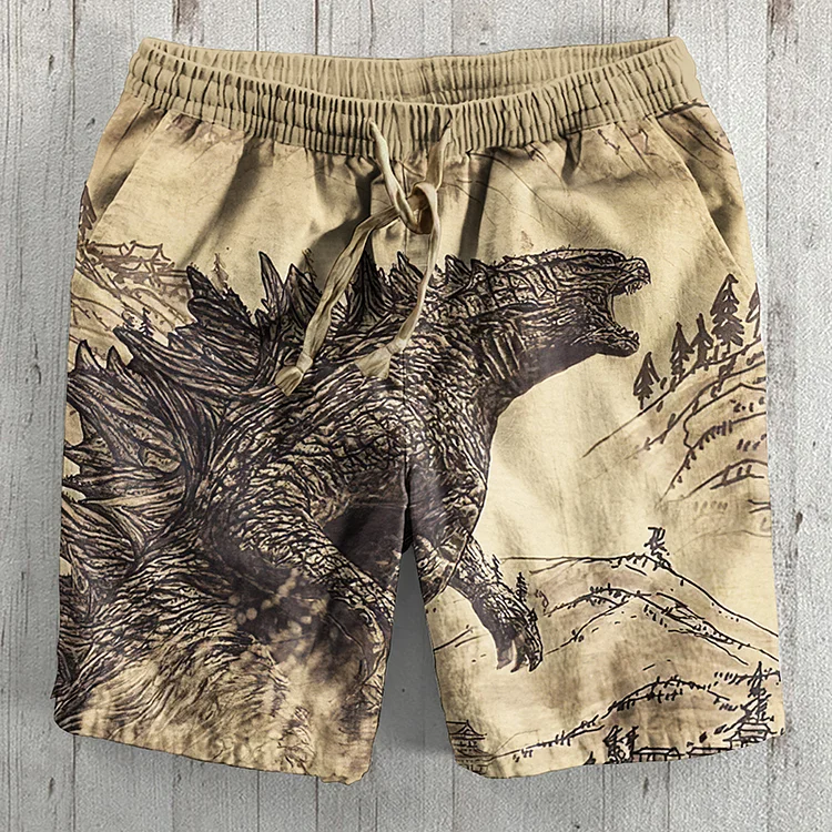 Abstract Creative Vintage Godzilla Japanese Art  Painting Casual Shorts