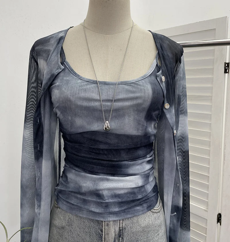 Nigikala Nigikala Babes Tie-Dye Net Yarn Sunscreen Cardigan Two Sets Of Sling Vest + Long-Sleeved Shirt Top 8056