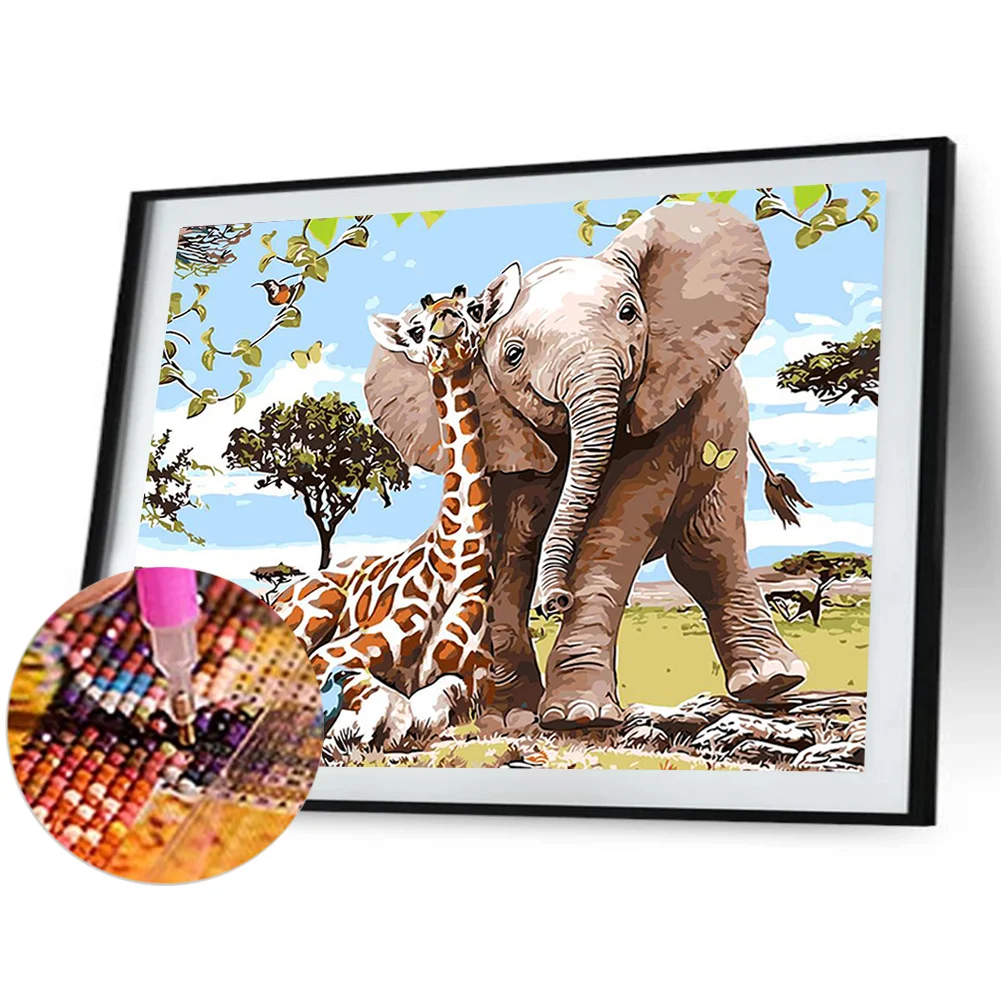 Full Round Diamond Painting 30*35cm - Giraffe Elephant