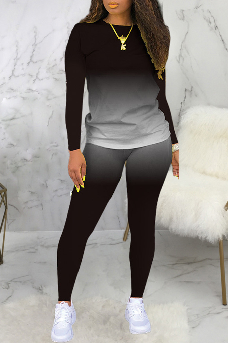 Black Casual Gradual Change Patchwork O Neck Long Sleeve Two Pieces