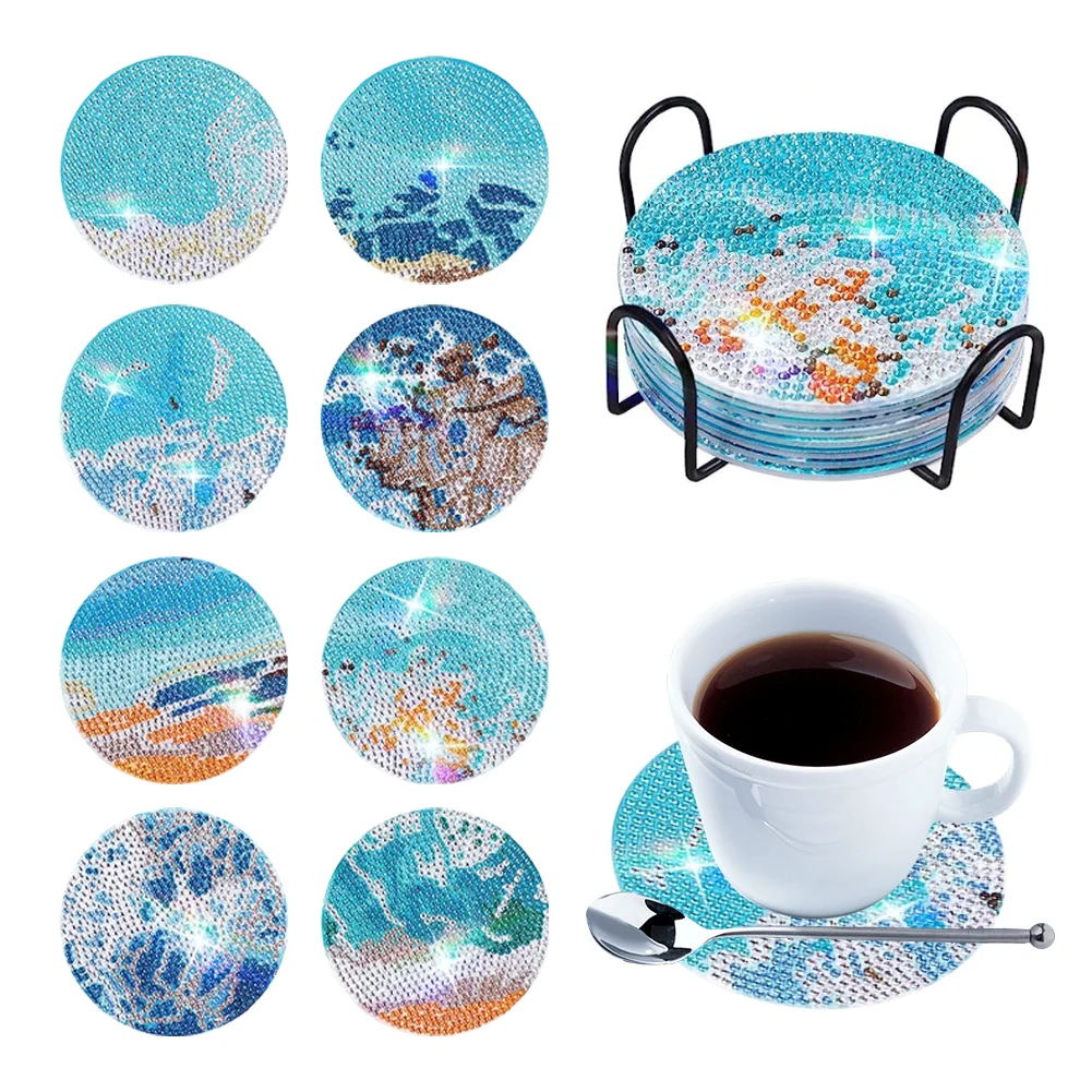 8pcs DIY Blue Beach Diamond Crafts Coasters with Holder Acrylic DIY Coaster