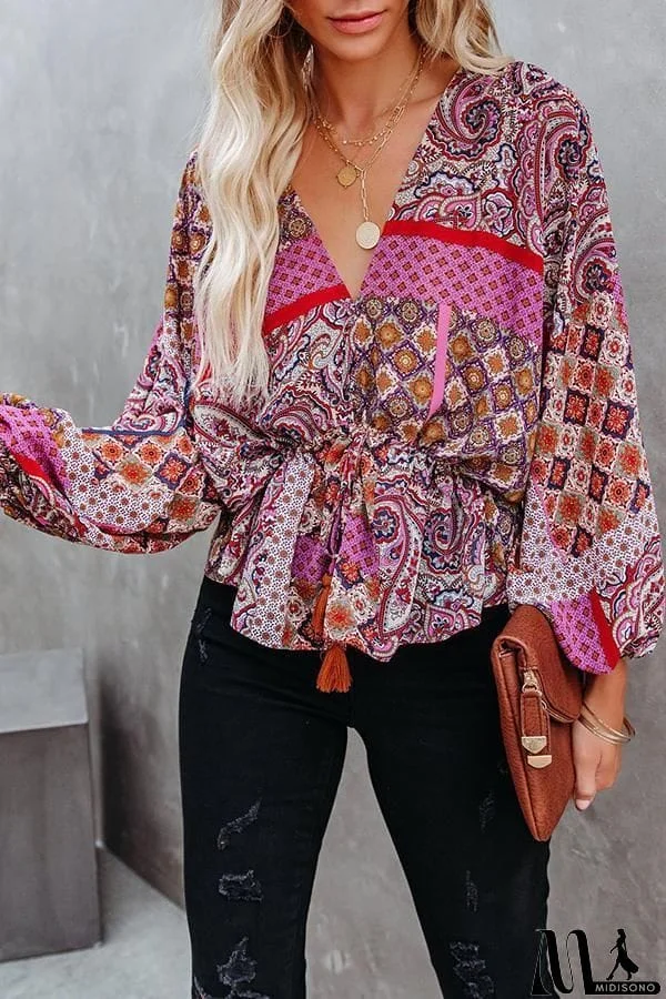 MidiSono - Patchwork Printed Drawstring Blouse