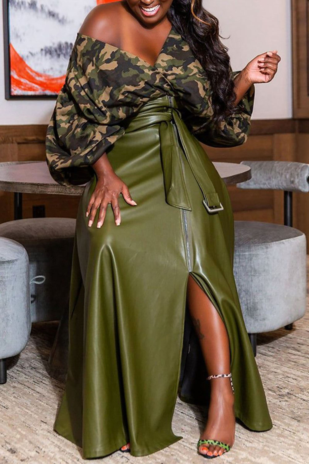 Plus Size Daily Skirt Green Casual Fall Winter Split PU Leather Skirt