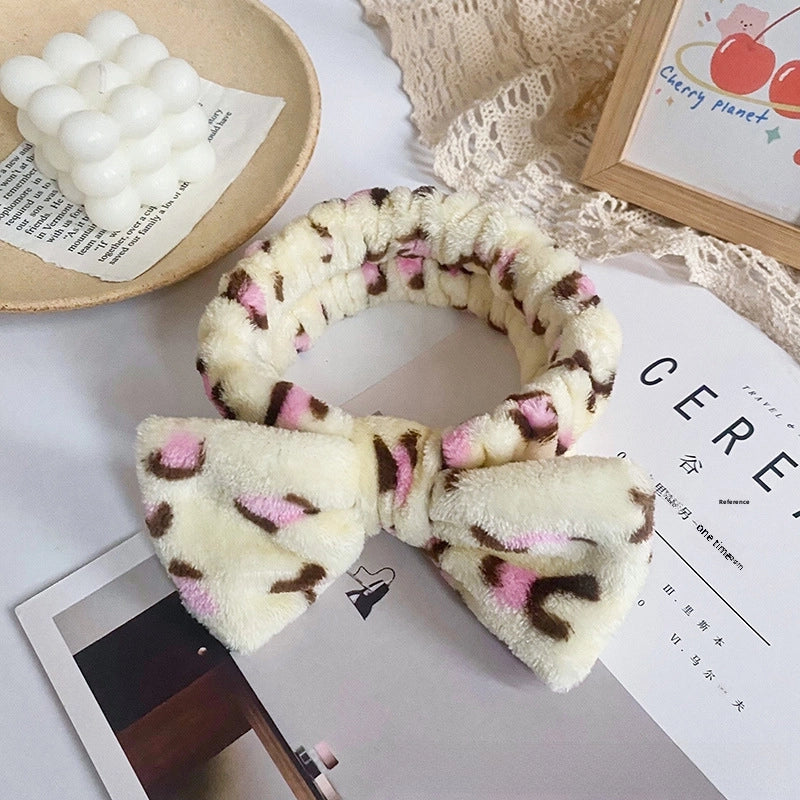 Leopard Stripe Bow Hair Band Women’s Face Washing Sports Hair Band Coral Fleece Hair Accessories