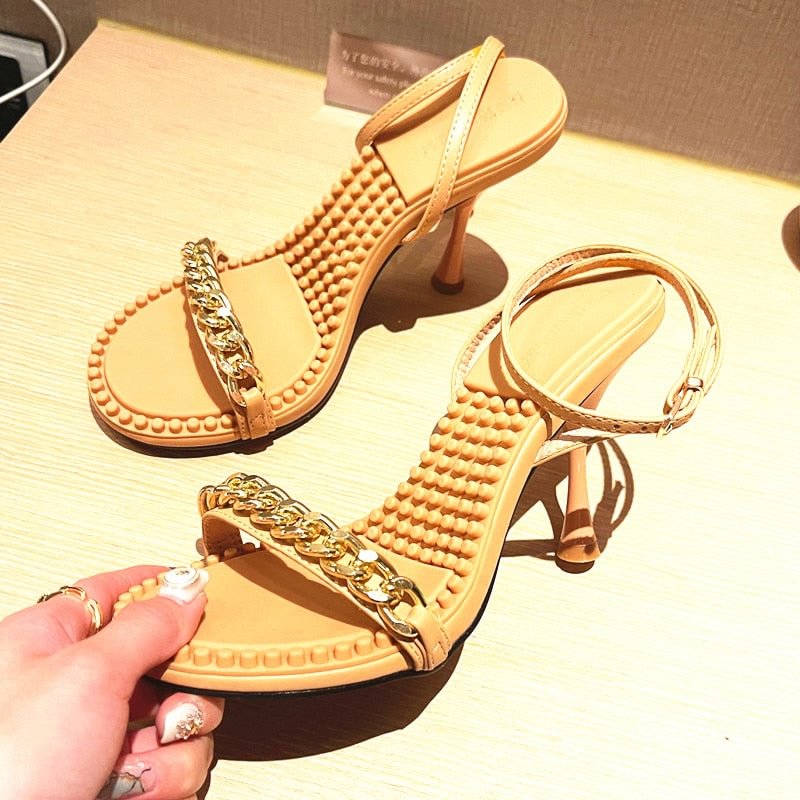  Women Sandals High Heels Square Toe Brand Open Toe Luxury Stiletto Dress Shoes Metal Retro Party Sadalias Summer Shoes