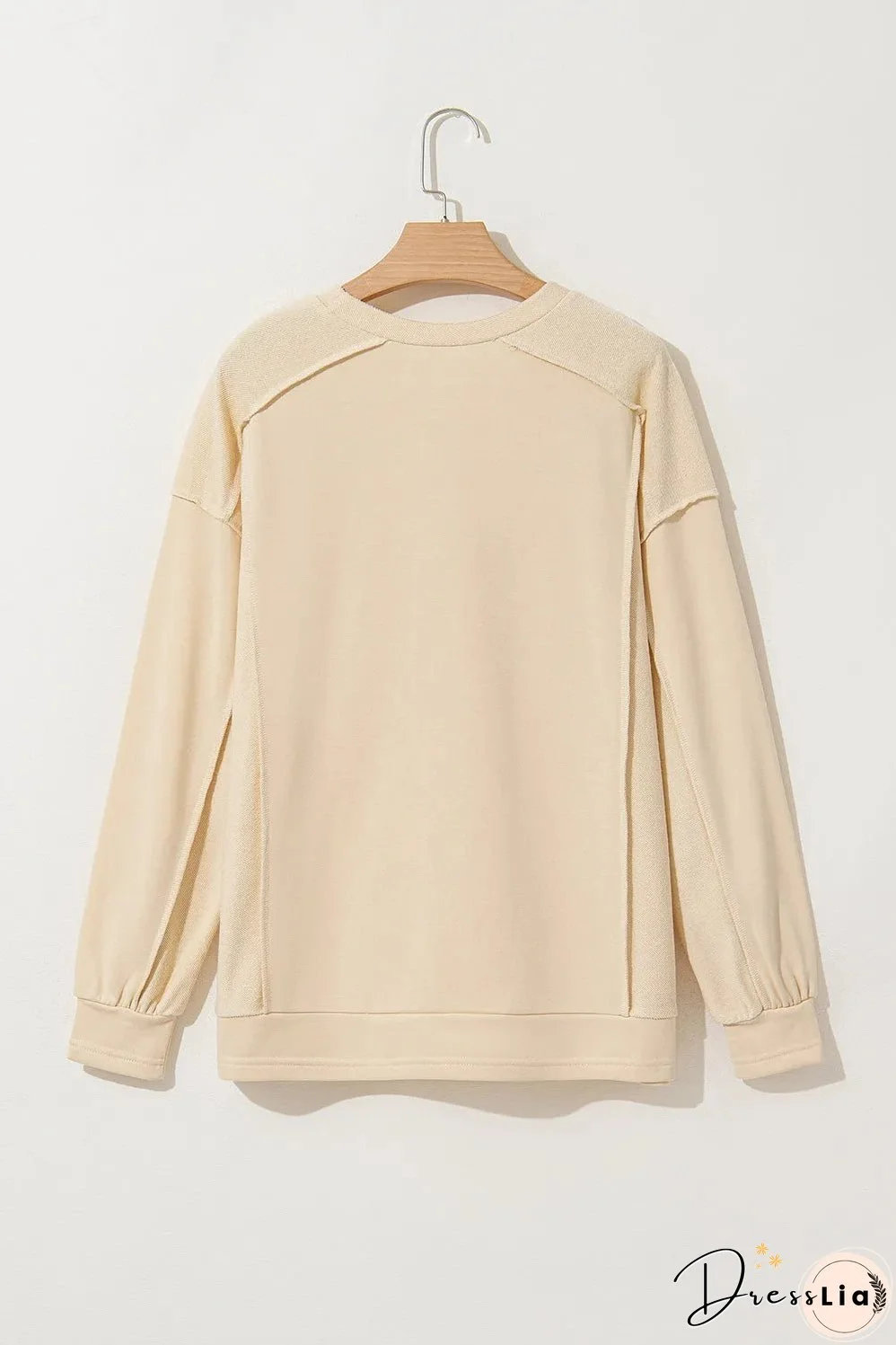 Beige Splicing Round Neck Pullover Sweatshirt