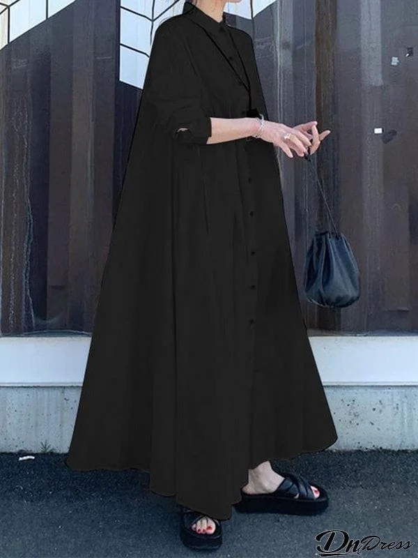 Long Sleeves Loose Solid Color Lapel Maxi Dresses Shirt Dress