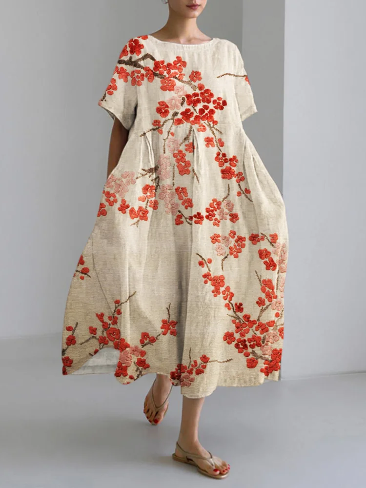 Comstylish Vintage Embroidered Floral Pattern Women's Linen Long Dress