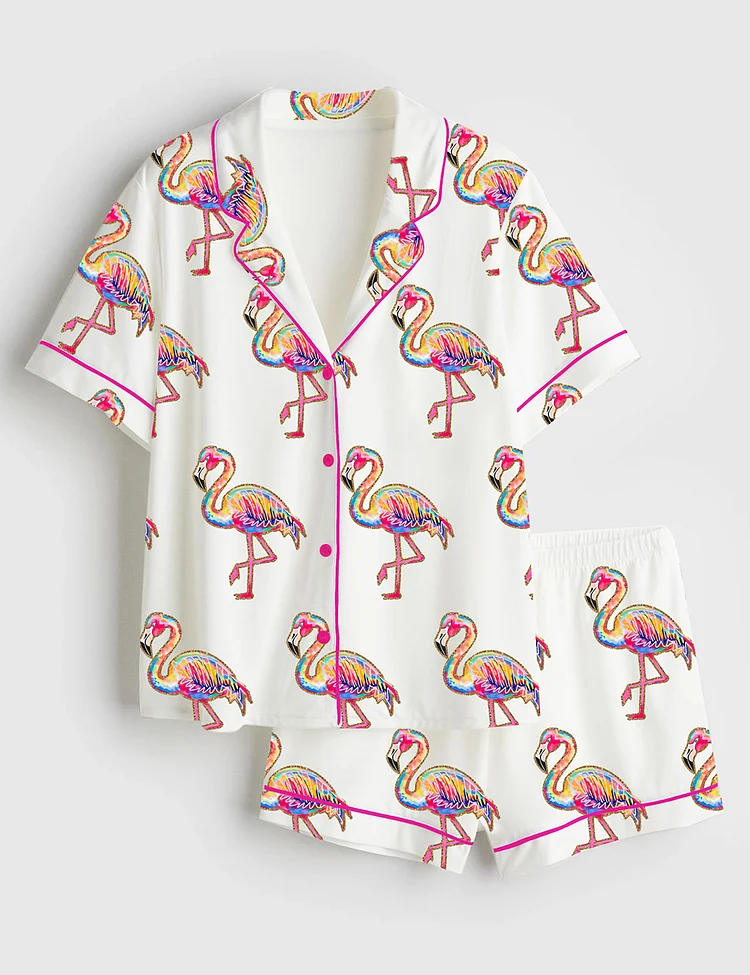 Women&rsquo;s Summer Flamingo Preppy Summer Vibes Neon Beach Coastal Girly Summer Print Short Sleeve Satin Pajama Set