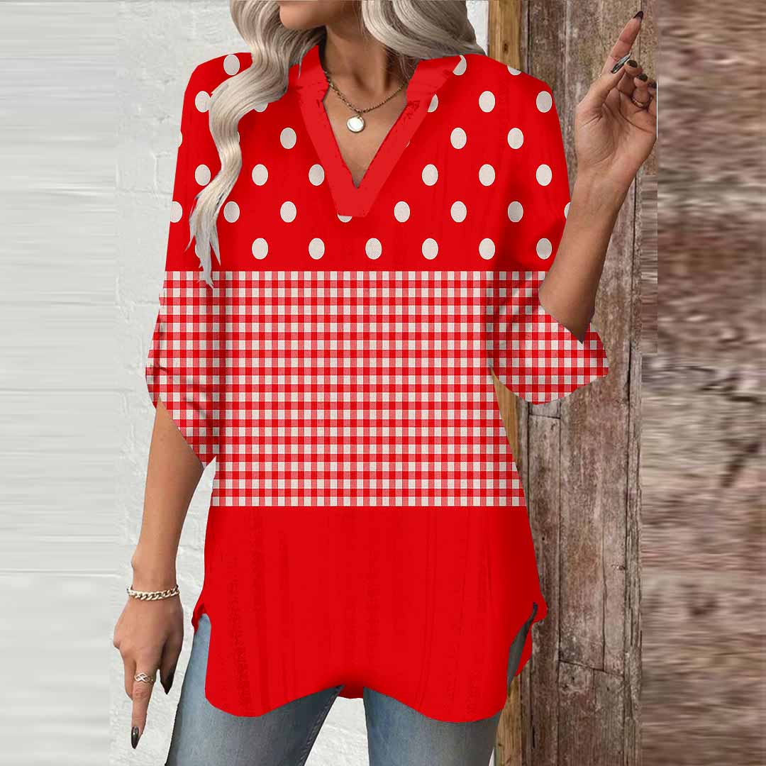 Women Striped,Polka-Dot,Red DZGA0303 3/4 Sleeve V-neck Printed Graphic Button Tops