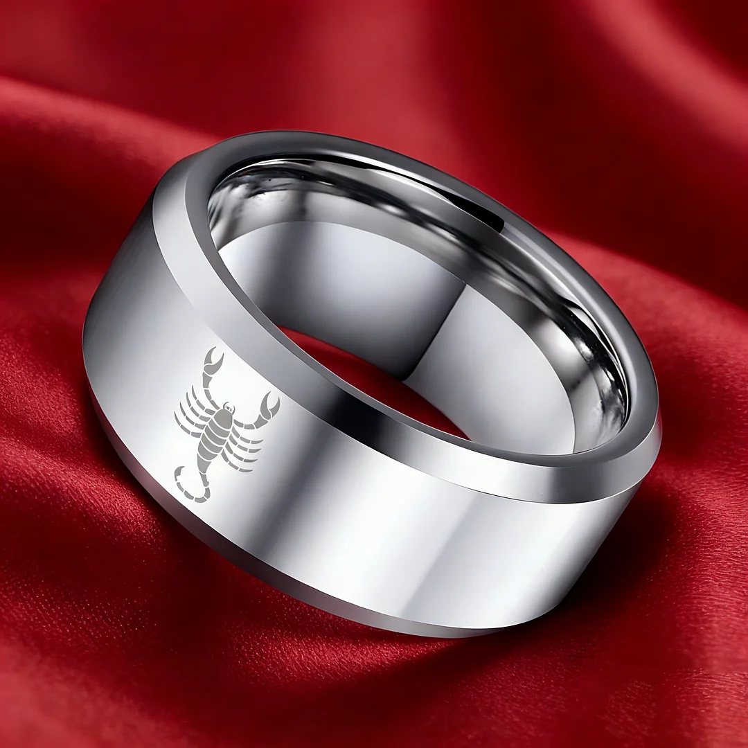 Beveled Edges Sliver Laser Etched Couple Tungsten Carbide Rings Sliver Scorpio Tungsten Wedding Bands 4MM 6MM 8MM Width