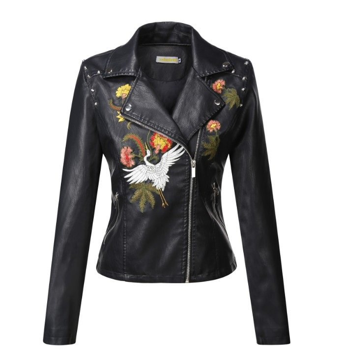 Embroidered Leather Jacket Women's Coat Slim-fit Short Lapel