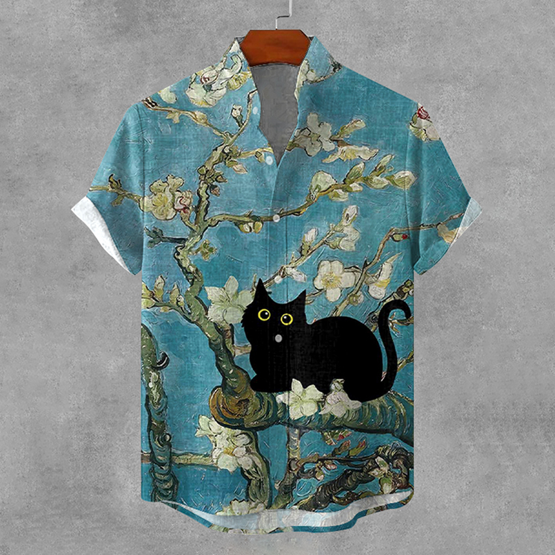 Men's Cat And Apricot Blossom Art Pattern Linen Shirt  artssus
