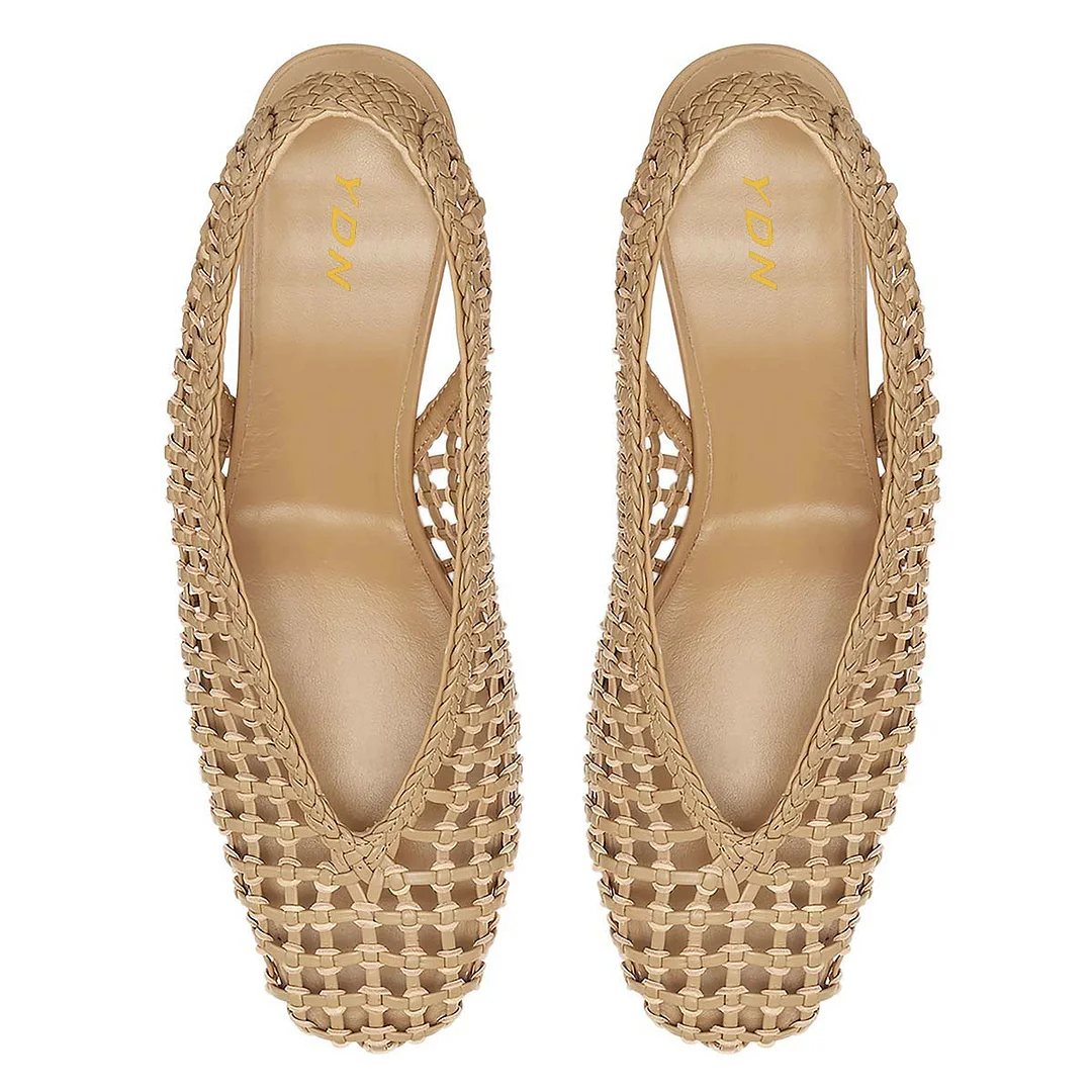Stylish Beige Faux Leather Square Toe Cut Out Woven Slingback Pumps