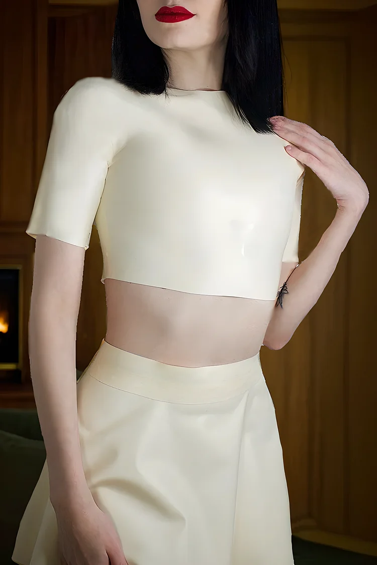 Women Latex Crop Tops White Short-Sleeve